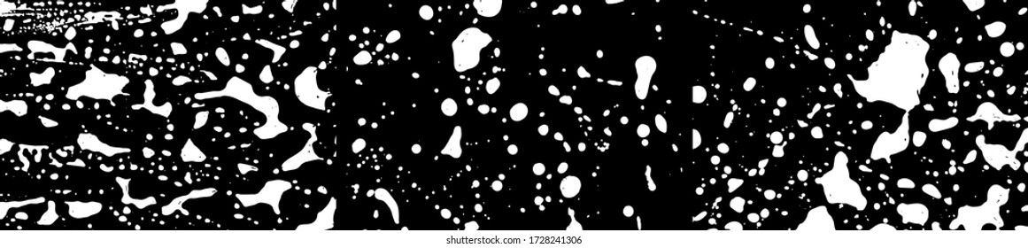 Grunge stains backgrounds set. Ink splatter. Paint splashes detailed backdrop. Liquid stains. Soap foam texture. Paint brush strokes and drops. Abstract vector illustration.