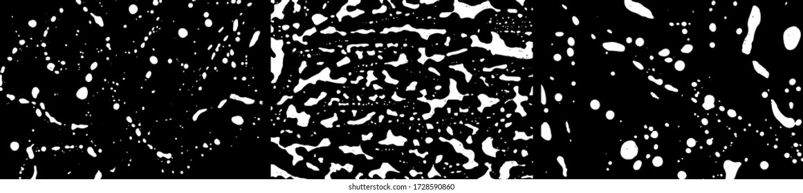 Grunge stains backgrounds set. Ink splatter. Paint splashes detailed backdrop. Liquid stains. Soap foam texture. Paint brush strokes and drops. Abstract vector illustration.