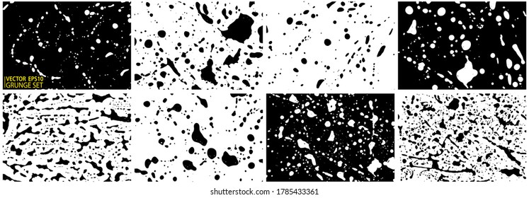Grunge stains backgrounds set. Ink splatter. Paint splashes backdrops collection. Liquid stains. Paint drops grunge. Soap foam. Paint brush strokes and drops. Abstract vector illustration.