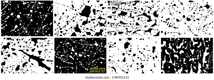 Montaje de manchas gruesas. Placa de tinta. Colección de fondo de pinturas salpicadas. Manchas líquidas. Espuma de jabón. Pintar trazos y gotas de pincel. Ilustración del vector abstracto.