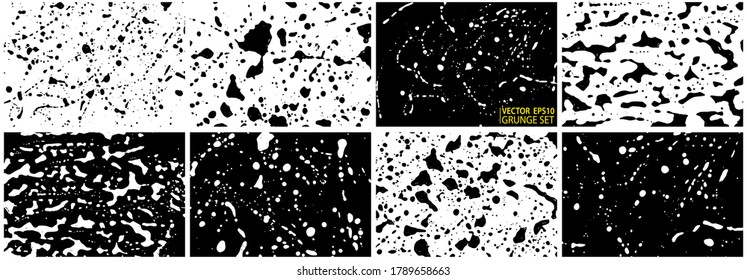 Montaje de manchas gruesas. Placa de tinta. Colección de fondo de pinturas salpicadas. Manchas líquidas. Espuma de jabón. Pintar trazos y gotas de pincel. Ilustración del vector abstracto.