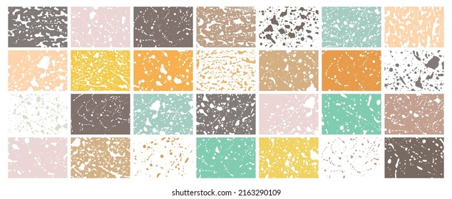 Grunge stains backgrounds set. Ink splatter. Paint splashes detailed abstract textures collection. Liquid drops stains. Soap foam texture.