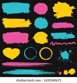 Grunge stains, paint brush strokes and ink blots isolated on black background. Colorful vector design elements for paintbrush texture, frame, background, banner or text box. Freehand drawing set.