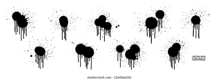 Grunge stains with paint drops. Grunge splatter set. Water flow. Ink splash. Liquid dripping collection. Acrylic. Dirty spot. Grunge splatter set. Paint splashes.