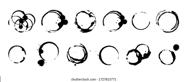 Grunge stains set. Coffee, tea, water drops. Ink, water, paint or other liquid cup stains. Design element. Cup stains. Wine glass stain. Splatter. Drinks splashes.