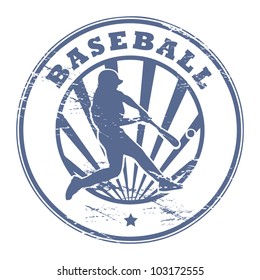 Grunge stamp with Baseball player silhouette, vector illustration