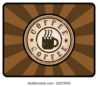 Grunge stamp with coffee cup on brown background, vector illustration