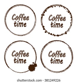 Grunge stamp with coffee time text inside. Set of vector coffee time stamp with a spots