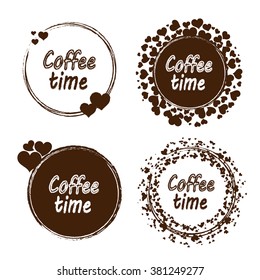 Grunge stamp with coffee time text inside. Set of vector coffee time stamp with a hearts