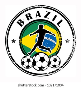 Grunge stamp with football and name Brazil, vector illustration