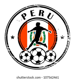 Grunge stamp with football and name Peru, vector illustration