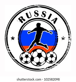 Grunge stamp with football and name Russia, vector illustration