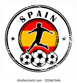 Grunge stamp with football and name Spain, vector illustration
