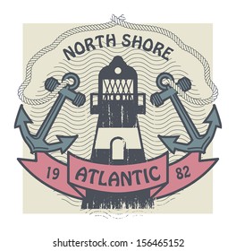 Grunge stamp or label with lighthouse and the words North Shore, Atlantic, written inside, vector illustration