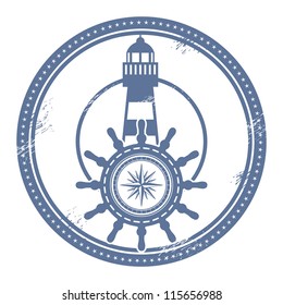 Grunge stamp with lighthouse and space for text, vector illustration