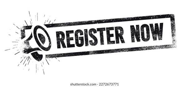 Grunge Stamp With Megaphone And Text Register Now
