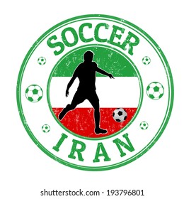 Grunge stamp with soccer player and name Iran written inside, vector illustration