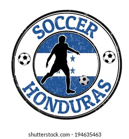 Grunge stamp with soccer player and name Honduras written inside, vector illustration