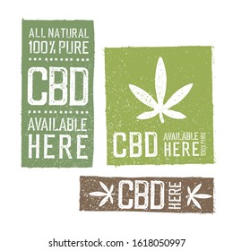 Grunge stamp styled CBD products signs. Vector collection of labels themed CBD products.