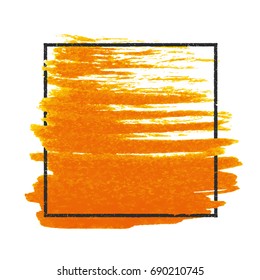 Grunge stamped rectangle frame on orange brush splashes. Square design template.