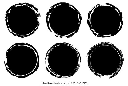 Grunge stamps Collection, circles. Black round abstract backgrounds smears. Banners, icons , logos, icons, labels and badges set . Vector texture of a disaster form. Vector eps 10.