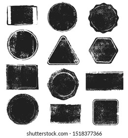 Grunge stamps. Distressed post stamp texture. Round, rectangular, triangular and hexagonal scratched labels. Badge vector isolated circle stamping vintage design set