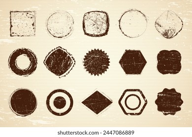 Grunge stamps. Scratched textured geometrical badges ink backgrounds recent vector message boxes with place for text