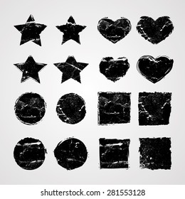 Grunge Star, Circle, Square and Heart Elements for your Design . Banners, Insignias , Logos, Icons, Labels and Badges Set . 