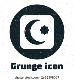 Estrela Grunge e crescente - símbolo do ícone do Islã isolado no fundo branco. Símbolo de religião. Desenho vintage monocromático. Vetor