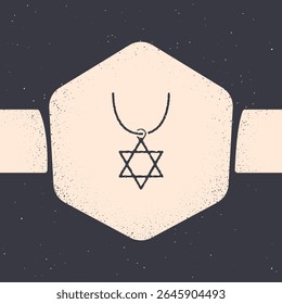 Grunge Estrela de David colar em cadeia ícone isolado no fundo cinza. Símbolo da religião judaica. Símbolo de Israel. Joias e acessórios. Desenho vintage monocromático. Vetor