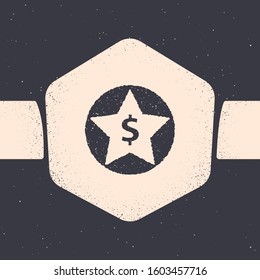 Grunge Star and dollar icon isolated on grey background. Favorite, best rating, award symbol. Monochrome vintage drawing. Vector Illustration