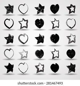 Grunge Star and Heart Elements for your Design . Banners, Insignias , Logos, Icons, Labels and Badges Set . 