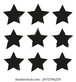 Grunge star icons vector. Black rough edges. Abstract brush stroke shapes. Artistic design elements.