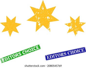Grunge star level icon and rectangular rubber Editors Choice seal. Vector green Editors Choice and blue Editors Choice watermarks with retro rubber texture, designed for star level illustration.