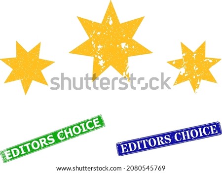 Grunge star level icon and rectangular rubber Editors Choice seal. Vector green Editors Choice and blue Editors Choice watermarks with retro rubber texture, designed for star level illustration.