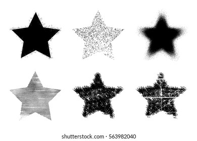 Grunge star overlay texture set. Distress cover quality level sign shape. Aged Bold messy edge button, icon, logo, lable, badge background. Used ink print backdrop. Crayon painted symbol. EPS10 vector