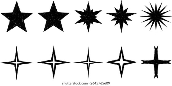Grunge star set. Shine sparkle vector symbols