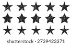 Grunge star shapes collection. Distressed black five point symbols with worn texture. Vintage rating elements for badges and prints