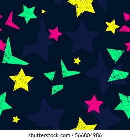 Grunge stars pattern for girls, boys, fashion textile, clothes. Urban modern design with cut star in bright pink, yellow, blue colors. Chaotic childish repeated backdrop. Night sky 
