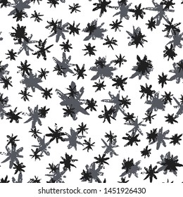 Grunge stars seamless pattern. Black and silver ink stains star wallpaper on white background. Hand drawn paint brush seamless pattern.