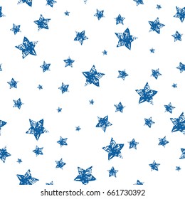 Grunge stars seamless pattern. Blue and white retro background elements. Abstract geometric texture. Fashion graphic. Design template for wallpaper, wrapping, fabric, textile. Vector Illustration