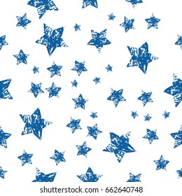 Grunge stars seamless pattern. Blue and white retro background elements. Abstract geometric texture. Fashion graphic. Design template for wallpaper, wrapping, fabric, textile. Vector Illustration