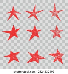 Grunge stars. Set of red grunge star. Vector illustration on a transparent background.	