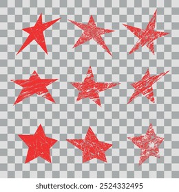 Grunge stars. Set of red grunge star. Vector illustration on a transparent background.	