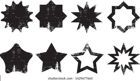 Grunge Stars Stamps Collection. Can be used as Banners, Insignias or Badges. Vector Distressed Textures Set. Blank Geometric Shapes. Vector Illustration. Black isolated on white. EPS10.