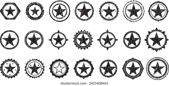 Grunge Stars Stamps Collection. Can be used as Banners, Insignias or Badges. Vector Distressed Textures Set. Blank Geometric Shapes. Vector Illustration. Black isolated Background