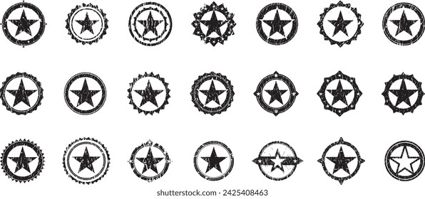 Grunge Stars Stamps Collection. Can be used as Banners, Insignias or Badges. Vector Distressed Textures Set. Blank Geometric Shapes. Vector Illustration. Black isolated Background