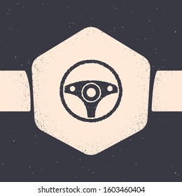 Grunge Steering wheel icon isolated on grey background. Car wheel icon. Monochrome vintage drawing. Vector Illustration