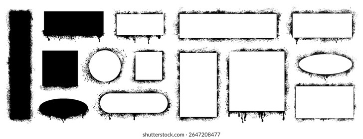 Grunge stencil frames with spray, grunge rectangles and circles shapes, painted frame grunge splatter and stencils border texture dirty, splashes and streaks of paint