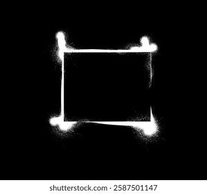 Grunge stencil vector frame with spray painted border. White spray paint rectangle shape with ink splatters and dripping. Graffiti silhouette with aerosol paint texture. Messy graffiti spraying stain